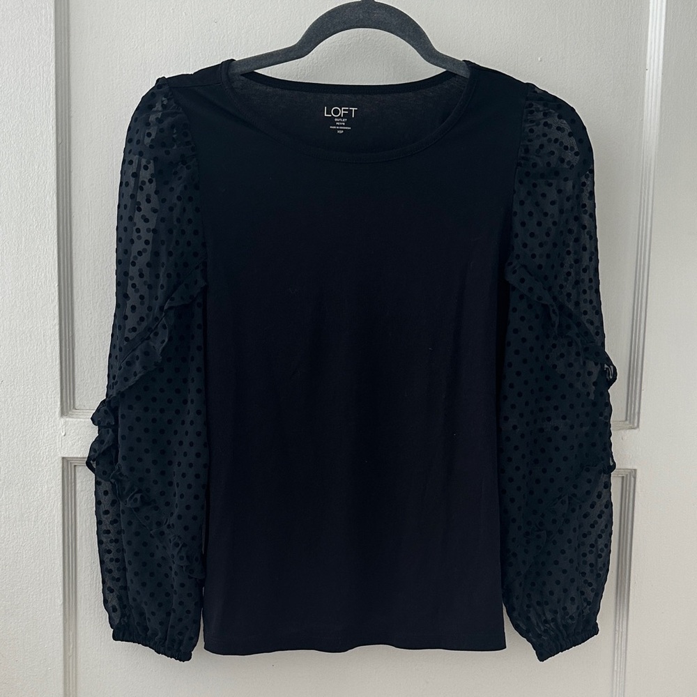 LOFT Black Blouse with Sheer Polka Dot Sleeves